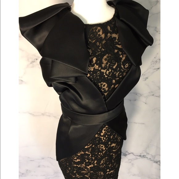 MARCHESA Black Lace with Black Satin Ruffles Dress - Picture 6 of 8